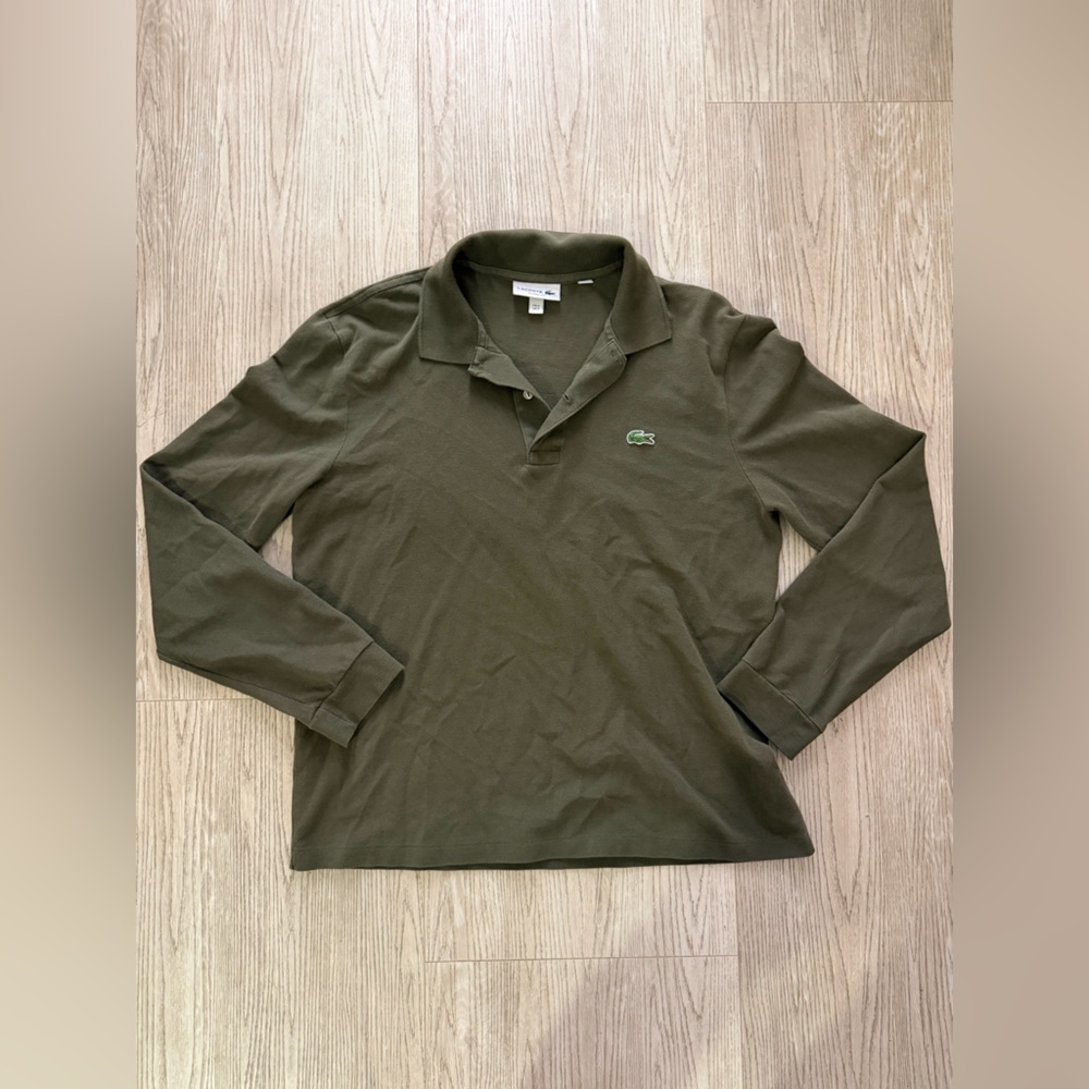 Lacoste Olive Green Long Sleeves Polo Shirt - Size Medium